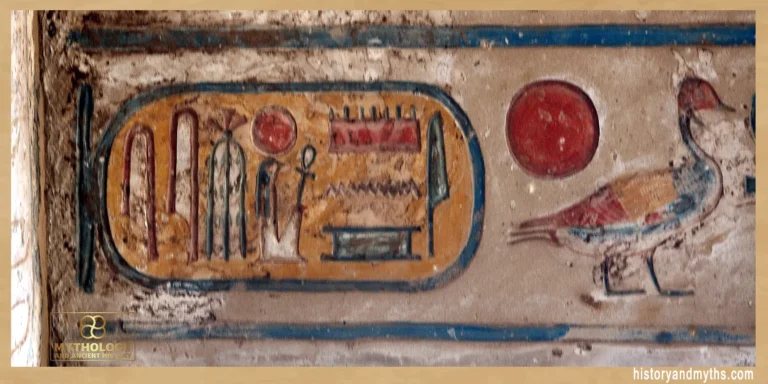Painted cartouche and solar disk on the ceiling of the Great Hypostyle Hall in Karnak Temple, Luxor, showing hieroglyphic symbols associated with the sun god Ra