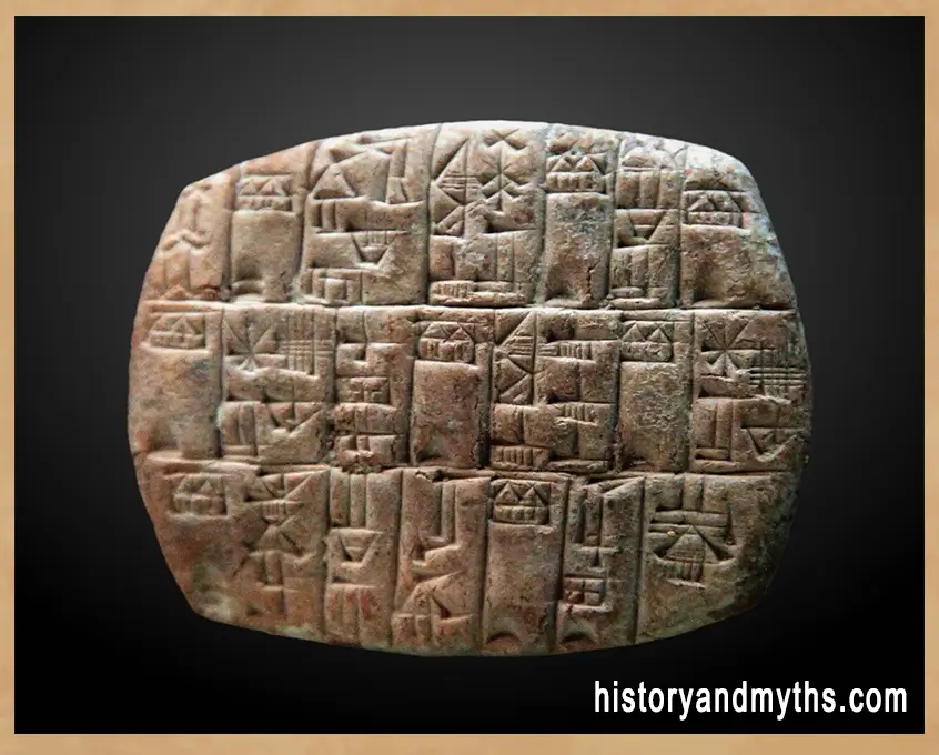 Old Babylonian clay tablet containing mathematical calculations written in cuneiform, ca. 1800–1700 BCE.