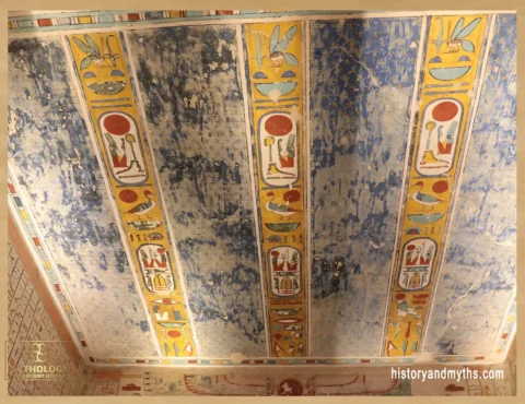 Hieroglyphic ceiling inside the tomb of Ramesses IV (KV2), showing symbolic writing used as magical protection in ancient Egypt
