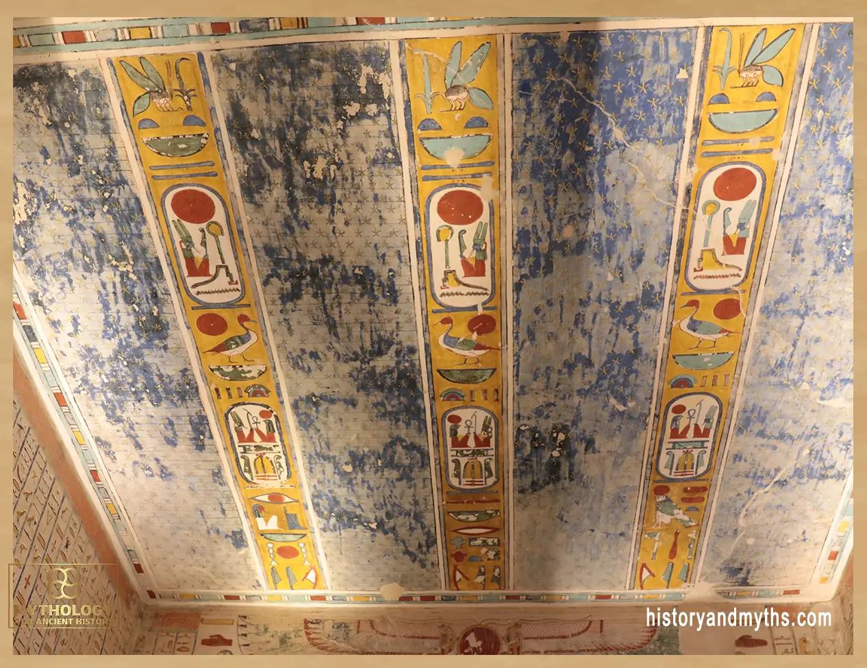 Hieroglyphic ceiling inside the tomb of Ramesses IV (KV2), showing symbolic writing used as magical protection in ancient Egypt