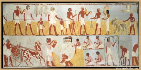 Harvest scene from the Tomb of Menna (TT69) showing agricultural land management and ownership practices in ancient Egypt