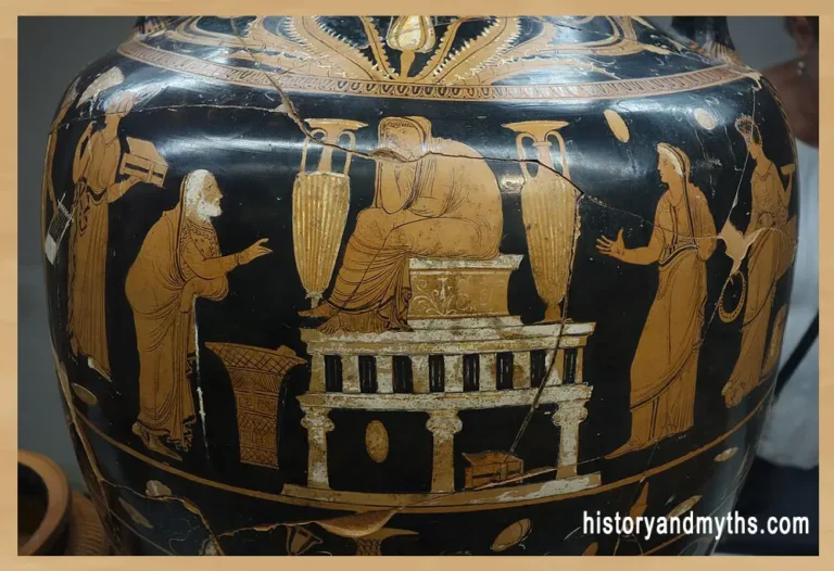 Niobe and Tantalus at the tomb of Niobe's children, detail of an Apulian red-figure amphora by the Varrese Painter, mid-4th century BC