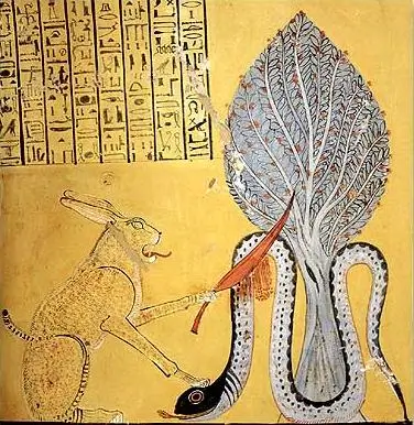The sun god Re, in the form of Great Cat, slays the snake Apep