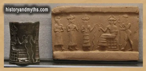 Cylinder Seal Depicting Enki (Ea), Mesopotamia. Marble cylinder seal showing Enki, god of wisdom and fresh water, with Ushmu and accompanying figures