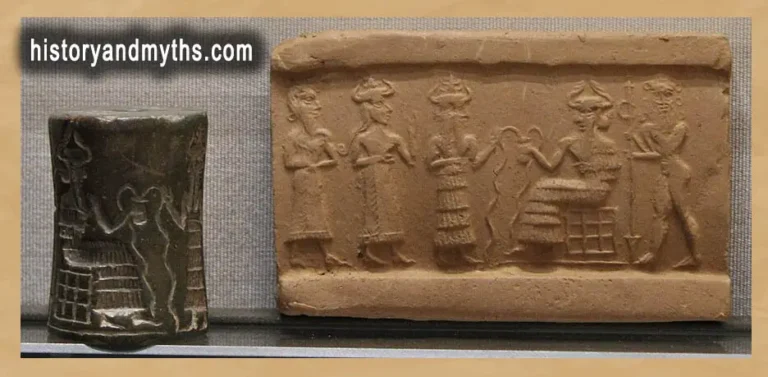 Cylinder Seal Depicting Enki (Ea), Mesopotamia. Marble cylinder seal showing Enki, god of wisdom and fresh water, with Ushmu and accompanying figures