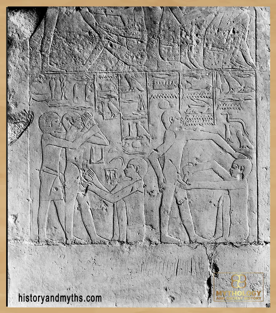 This wall carving from Saqqara depicts a circumcision scene, one of the clearest visual records showing the practice in ancient Egypt.