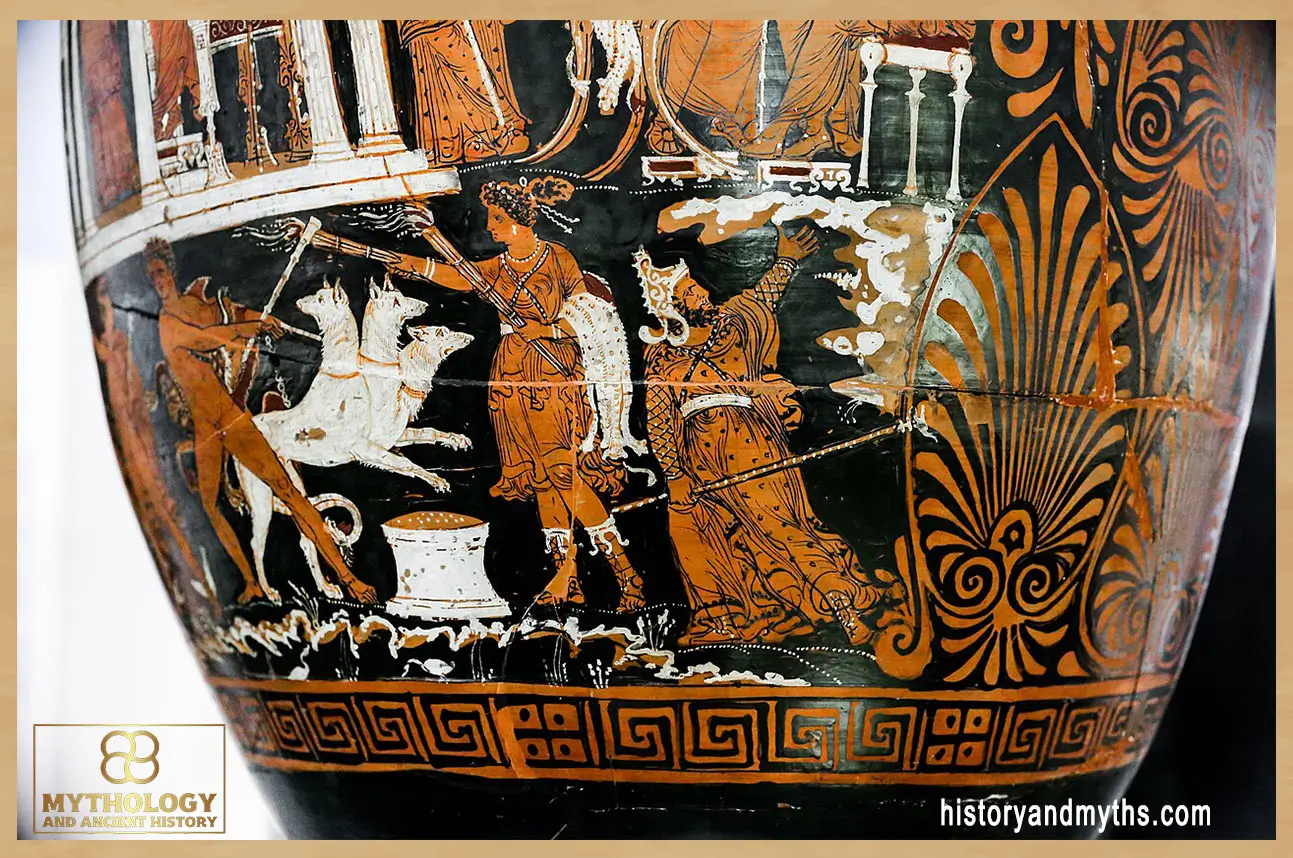 Ancient Greek vase depicting Hades, Persephone, Sisyphus, Tantalus, and the judges of the Underworld