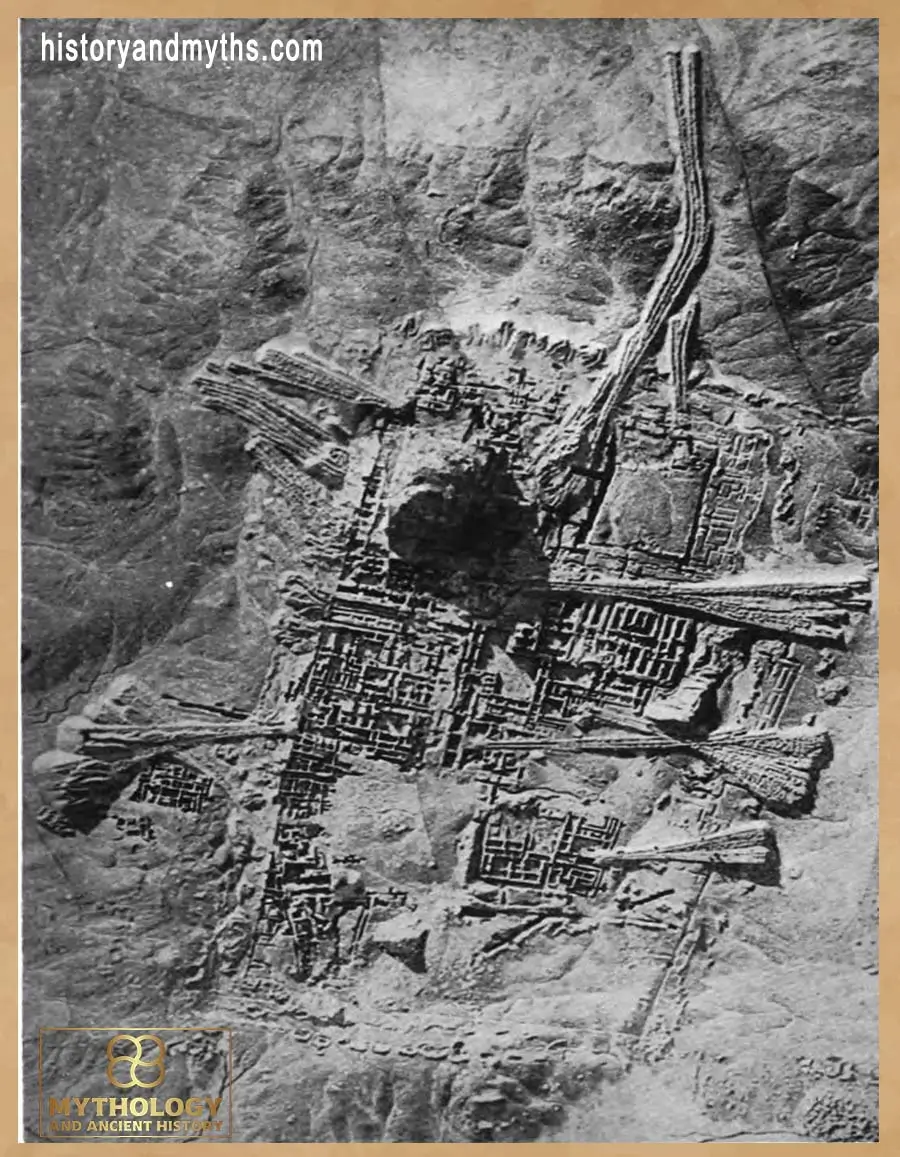 Aerial view of the ancient city of Ur in Mesopotamia showing urban settlement ruins