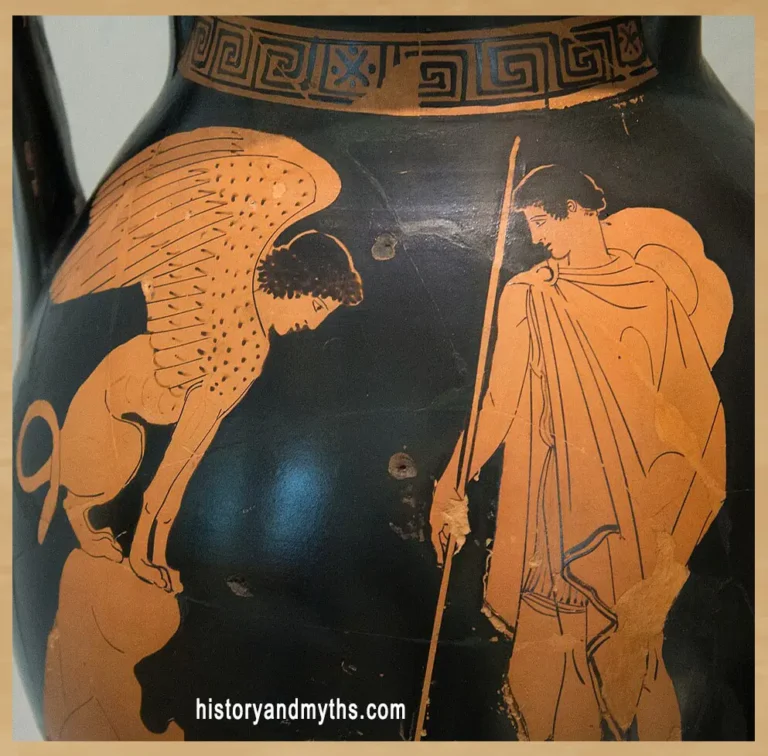 Oedipus and the Sphinx on an Attic red-figure pelike attributed to the Achilleus Painter