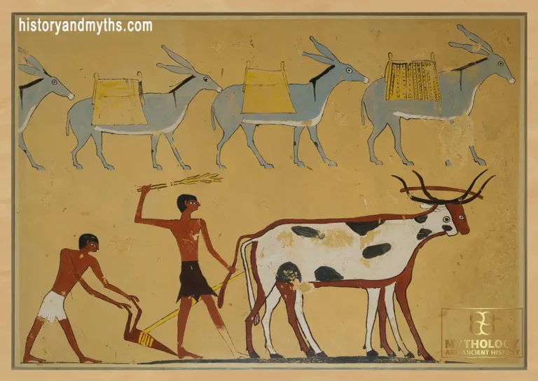 Men ploughing and donkeys carrying loads in an agricultural scene from the Tomb of Djar, illustrating seasonal field labor in ancient Egypt.
