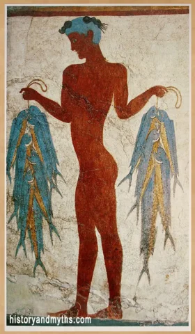 Fresco of a fisherman carrying dolphinfish from Akrotiri on Santorini, reflecting the importance of fishing and maritime food trade in the ancient Greek world