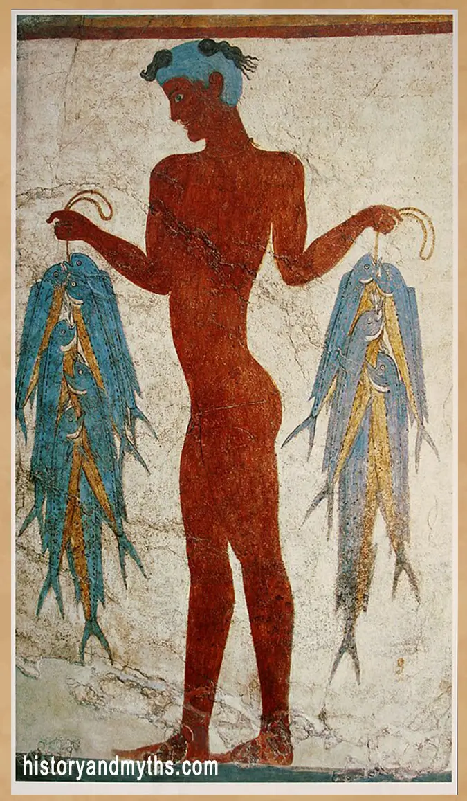 Fresco of a fisherman carrying dolphinfish from Akrotiri on Santorini, reflecting the importance of fishing and maritime food trade in the ancient Greek world