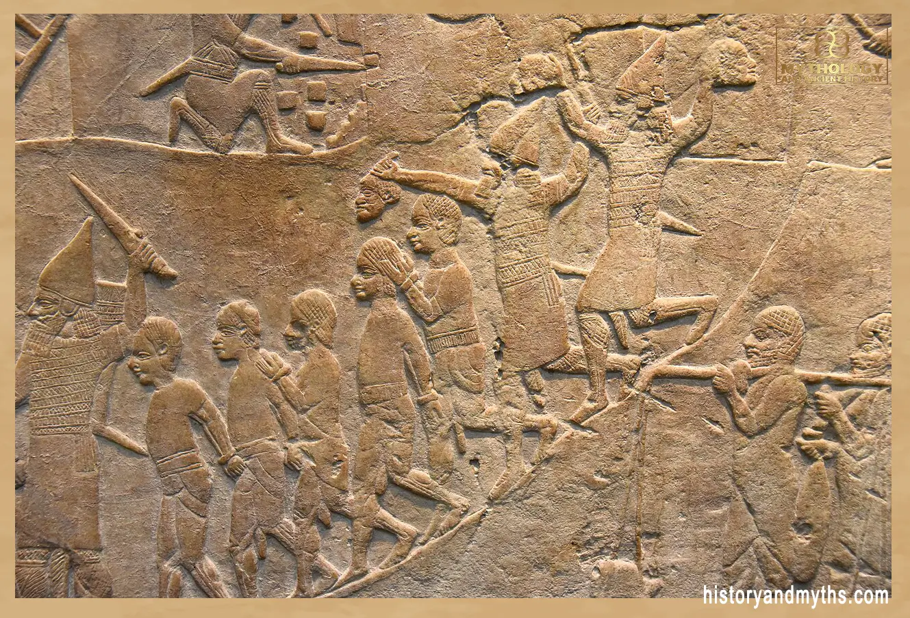 Assyrian army attacking Memphis with prisoners led away, relief from Nineveh (7th century BC)