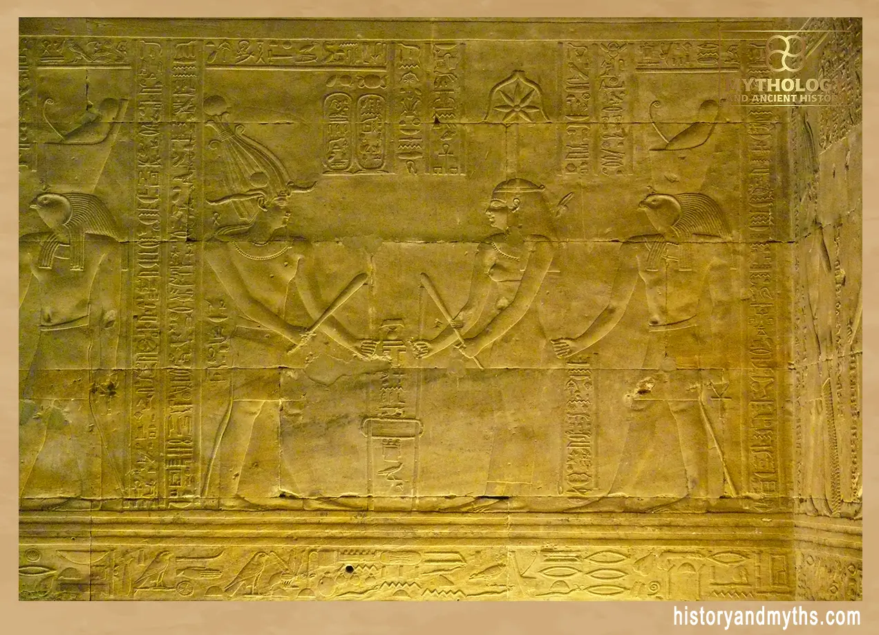 Ptolemy III and Seshat performing the “stretching of the cord” ritual, with Horus. Bas-relief from the Temple of Edfu