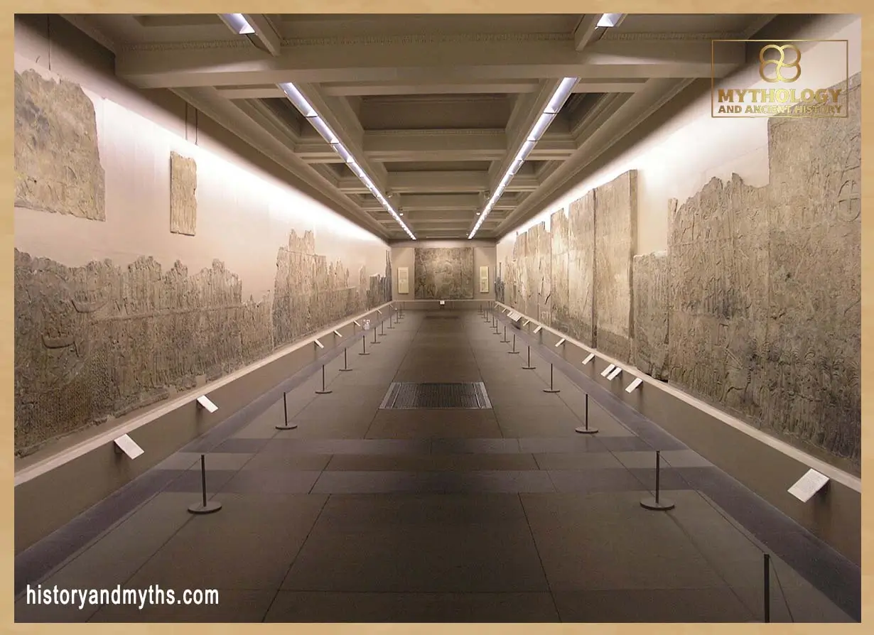 Relief panels from Sennacherib’s palace at Nineveh, illustrating how narrative stone carvings were arranged along royal corridors and ceremonial spaces.