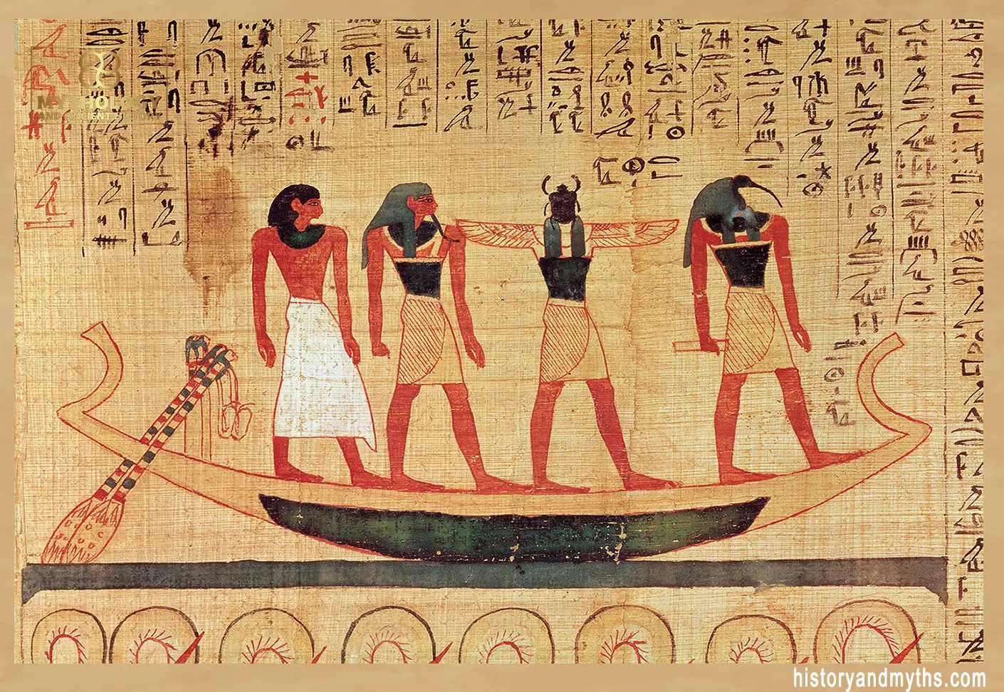 Thoth and Khepri defeating the serpent Apep on a solar barque