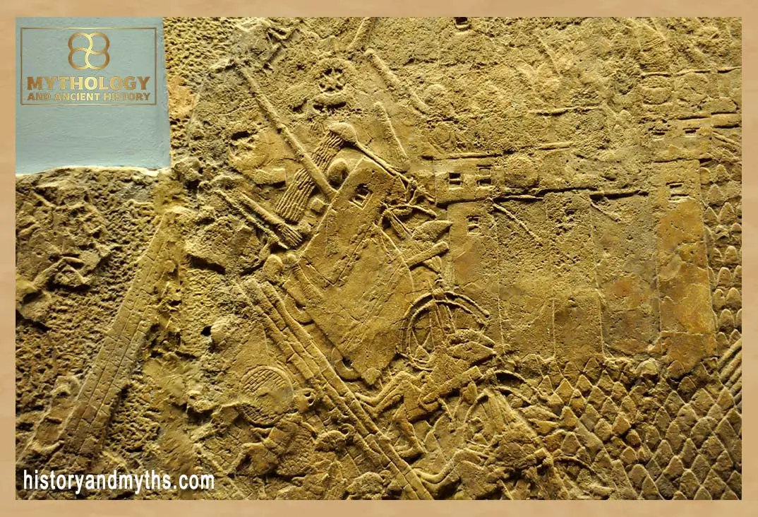 Assyrian siege-engine attacking the city wall of Lachish (reign of Sennacherib