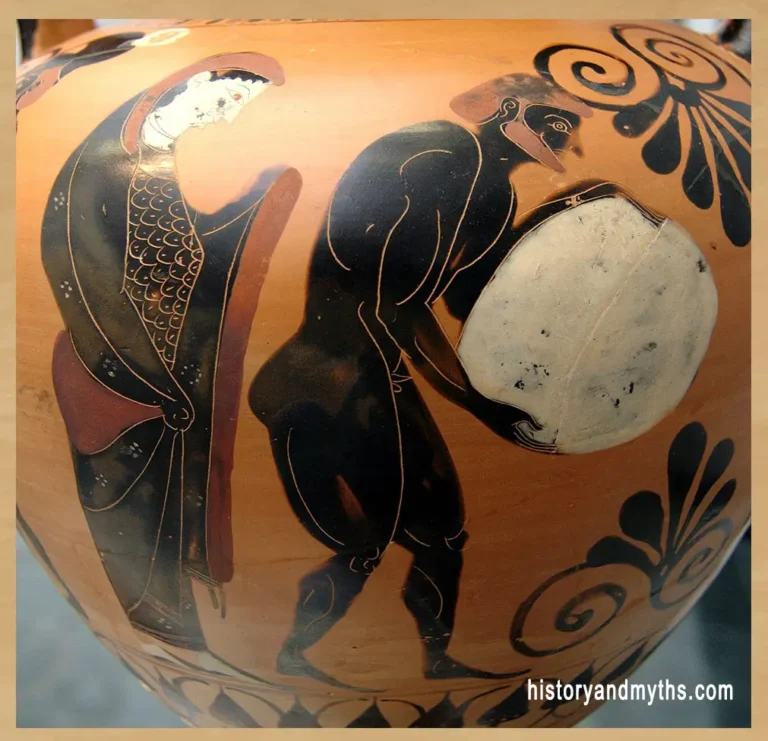 Ancient Greek depiction of Sisyphus enduring his eternal punishment in the Underworld while Persephone oversees the scene. The image comes from an Attic black-figure amphora dating to around 530 BCE and illustrates one of the most famous examples of eternal punishment in Greek mythology.
