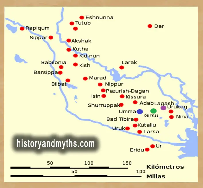 Map of Babylon and major Mesopotamian cities including Nippur, Ur, Eridu, and Kish