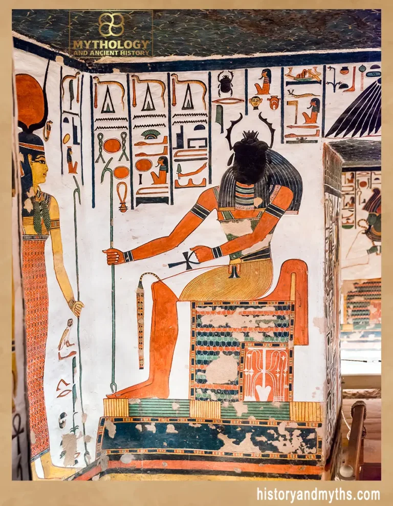 Khepri depicted as a scarab-headed deity seated on a vibrant throne in the Tomb of Nefertari
