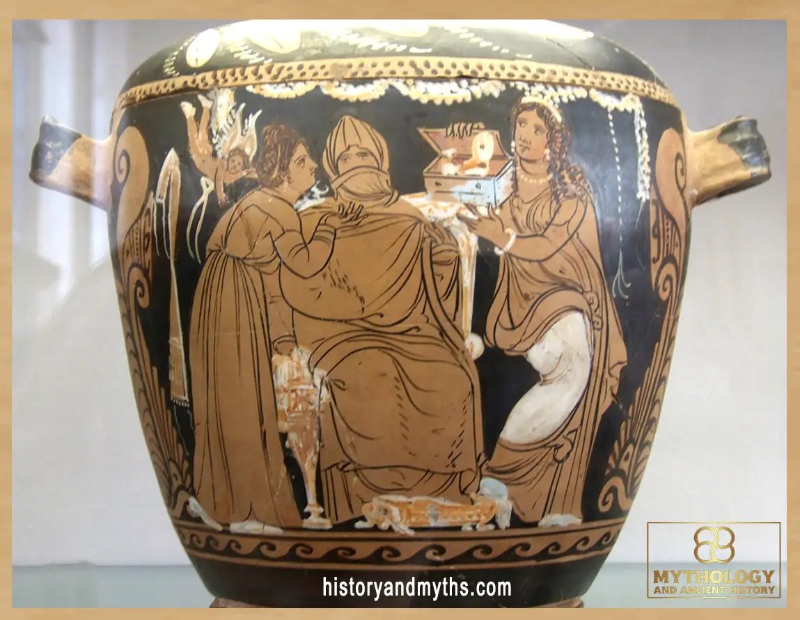 Wedding preparation scene on a Sicilian skyphoid pyxis attributed to the Adrano Group (c. 330–320 BC)