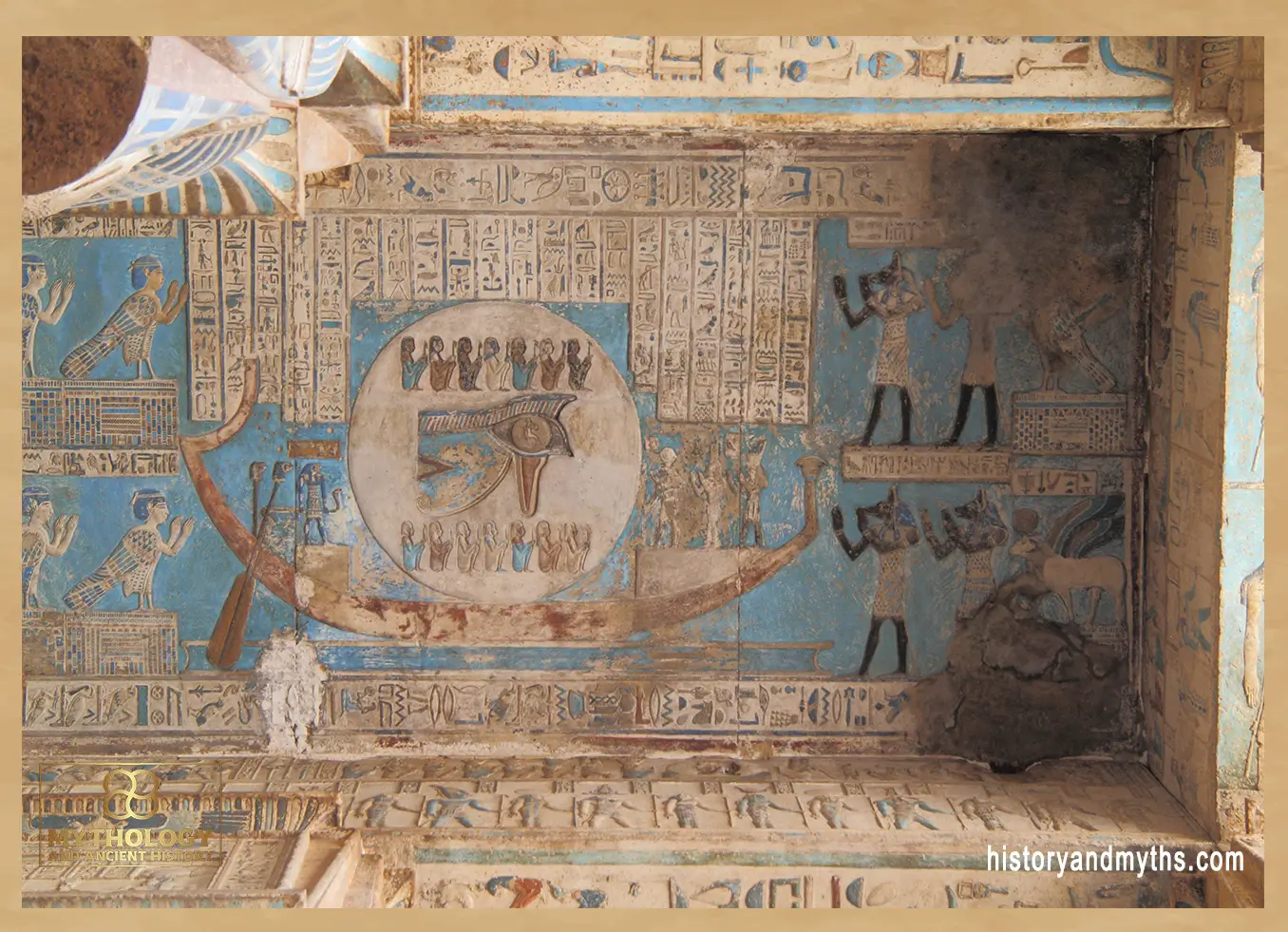 Interior reliefs of the Temple of Hathor at Dendera, where carved hieroglyphs and sacred imagery express mythological meaning through visual and symbolic language rather than narrative storytelling.