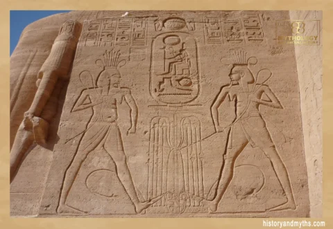 Two Hapy figures linking the Sema-Tawy on the left side of the entrance, Great Temple of Abu Simbel, Egypt