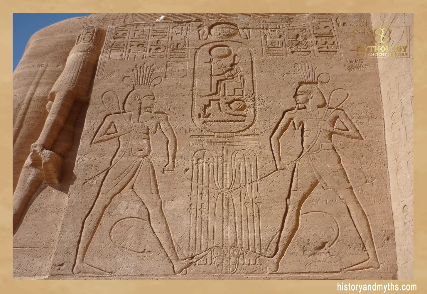 Two Hapy figures linking the Sema-Tawy on the left side of the entrance, Great Temple of Abu Simbel, Egypt