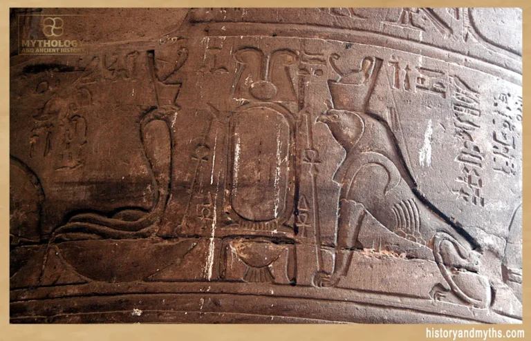 Relief carvings on the outer pylon of the Temple of Edfu showing the cobra-goddess Wadjet beneath her uraeus-symbol, Egypt.