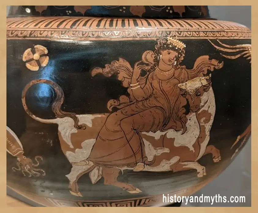 Zeus in the form of a bull abducting Europa on an Apulian red-figure dinos, c. 370–330 BC