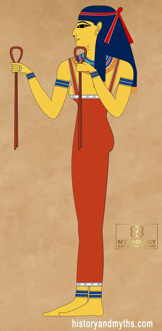 Symbolic representation of the goddess Tayt offering linen