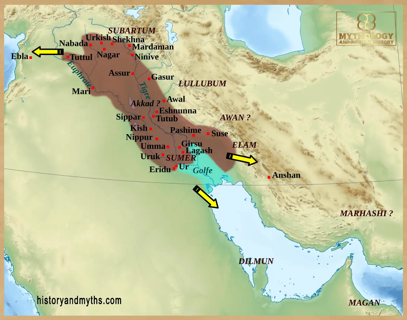 Map showing the approximate extent of the Akkadian Empire during the reign of Naram-Sin (c. 2254–2218 BCE).