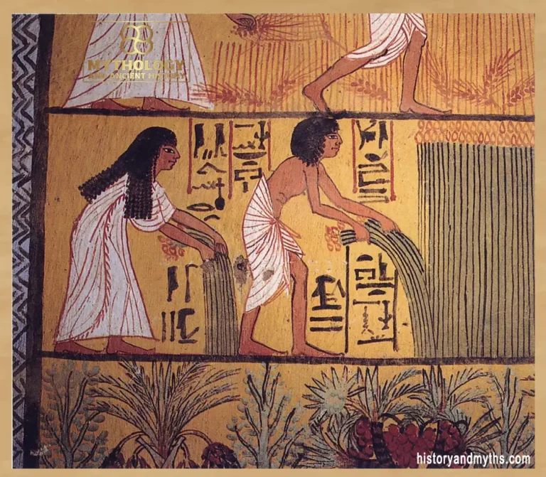 Sennedjem and his wife Ti harvesting papyrus — a Ramesside-period scene illustrating shared labor roles within everyday Egyptian household economy.