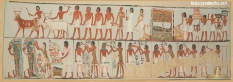 Facsimile scene from the Tomb of Pairy (TT 139) showing an ancient Egyptian funeral procession moving toward burial rites.