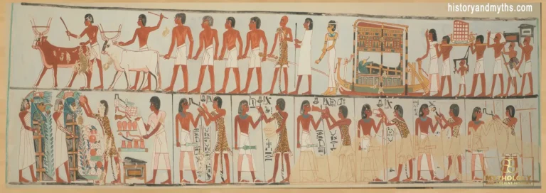 Facsimile scene from the Tomb of Pairy (TT 139) showing an ancient Egyptian funeral procession moving toward burial rites.