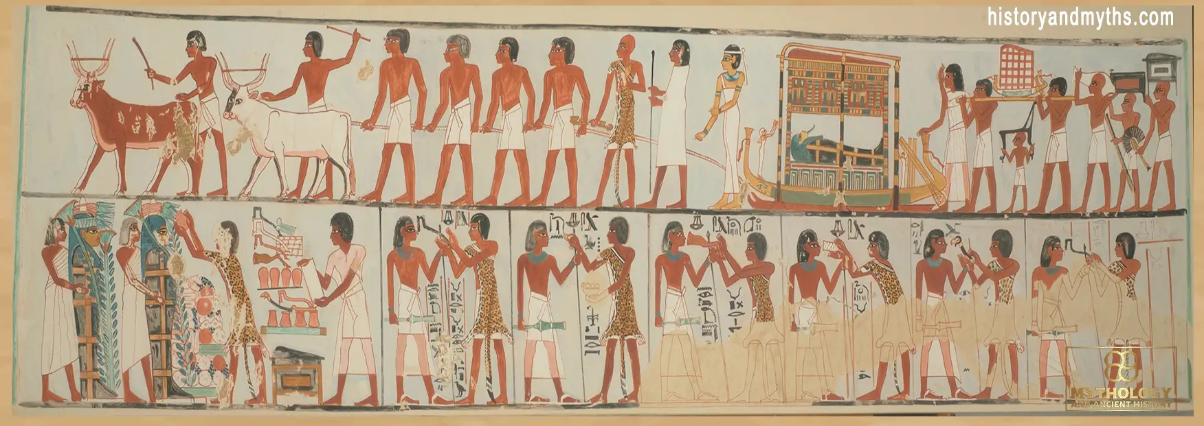 Facsimile scene from the Tomb of Pairy (TT 139) showing an ancient Egyptian funeral procession moving toward burial rites.