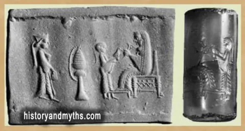 Ninhursag, high-priest, & unidentified attending goddess