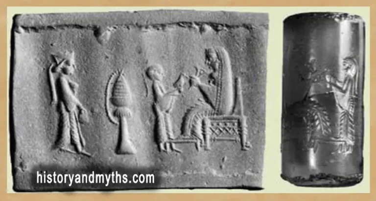 Ninhursag, high-priest, & unidentified attending goddess