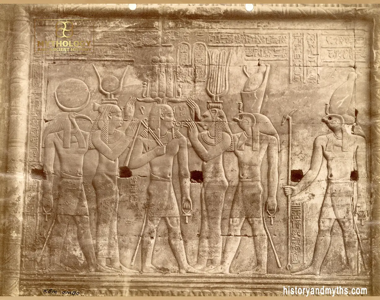 Kom Ombo relief scene—Ptolemy XII receiving the Ankh and crown from Thoth, Bastet