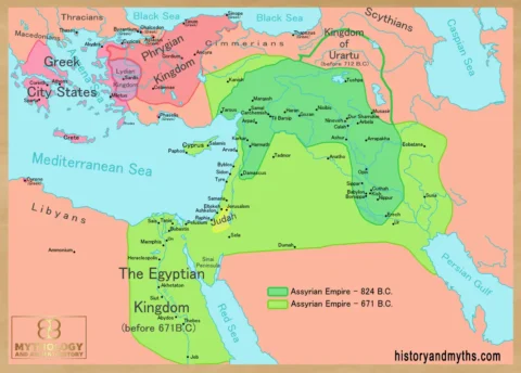 Neo-Assyrian Empire expansion map 824 to 671 BC showing Mesopotamian conquests into Syria, Egypt, and Anatolia