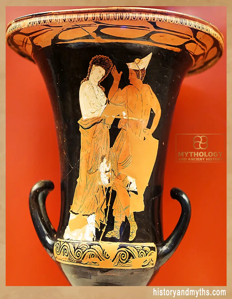 Aphrodite weighing Eros and Anteros on a set of scales, with Hermes observing; Attic red-figure calyx krater, National Archaeological Museum of Athens
