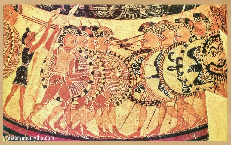 Hoplites advancing in formation, detail from the Chigi Vase, Corinthian vase painting by the Chigi Painter, 7th century BCE