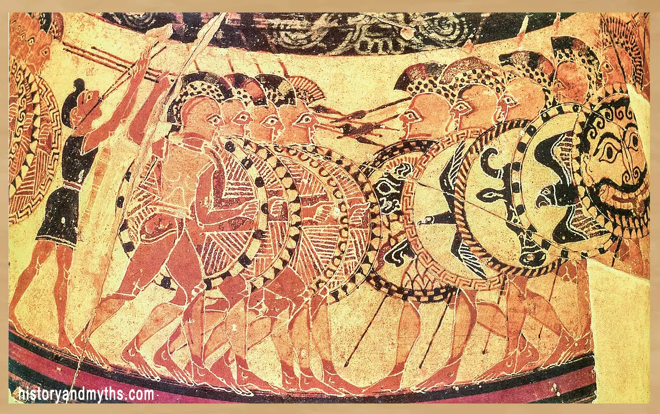 Hoplites advancing in formation, detail from the Chigi Vase, Corinthian vase painting by the Chigi Painter, 7th century BCE