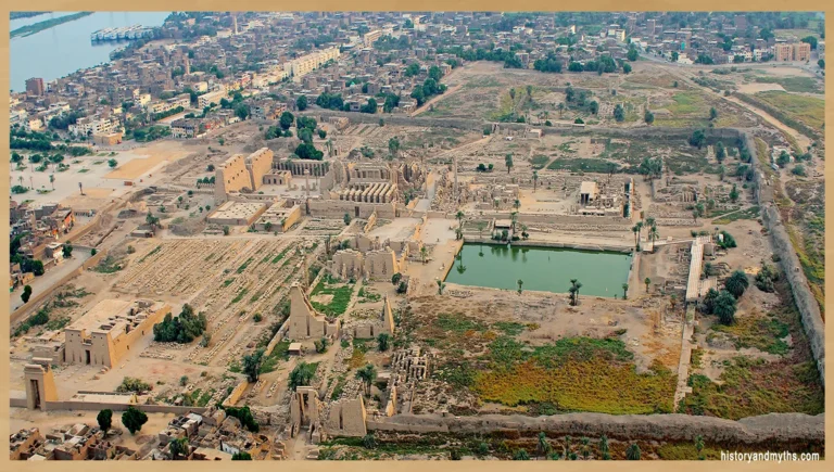 Karnak Temple complex, Luxor — aerial view showing the full extent of a temple built and expanded over centuries by multiple kings, illustrating Egyptian temple construction as a long-term state project.