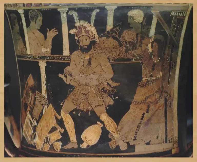 Heracles driven mad by divine punishment, detail from a Paestan red-figure krater depicting the Madness of Heracles, c. 350–320 BC