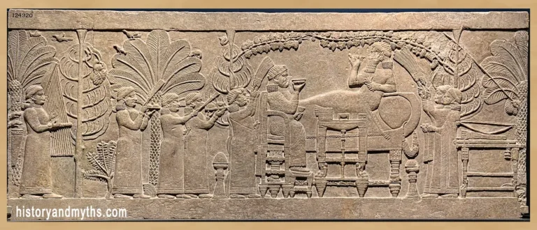 Assyrian relief of Ashurbanipal’s banquet, Nineveh, British Museum (645–640 BCE)
