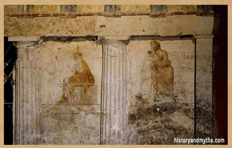 Rhadamanthys and Aeacus judging the soul of a deceased man, detail from the Macedonian “Judgment Tomb” at Lefkadia, c. 325–300 BCE