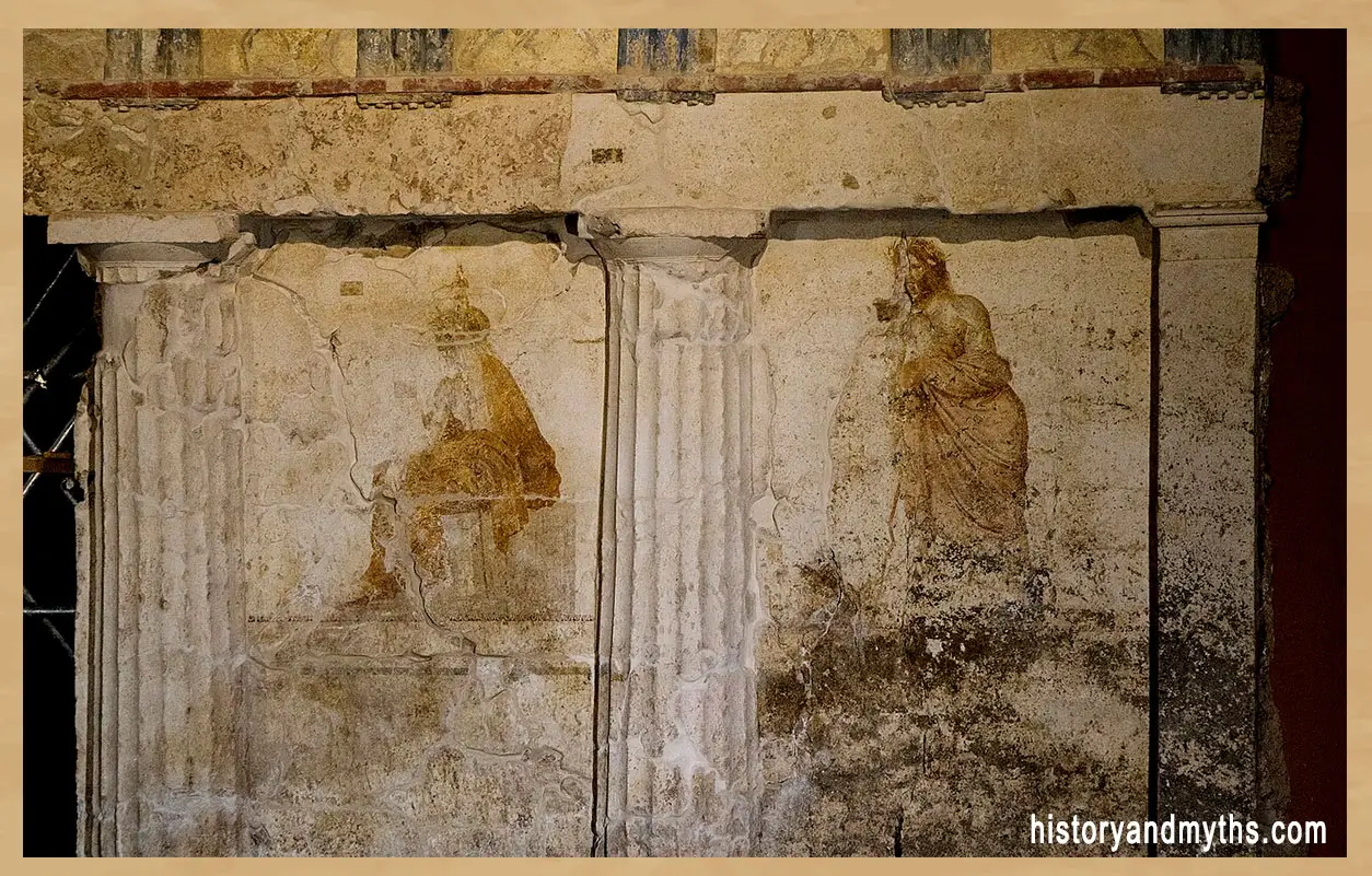 Rhadamanthys and Aeacus judging the soul of a deceased man, detail from the Macedonian “Judgment Tomb” at Lefkadia, c. 325–300 BCE