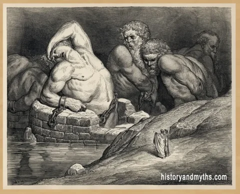 Gustave Doré’s 1857 illustration of imprisoned Titans and giants in a vast abyss from Dante’s Inferno