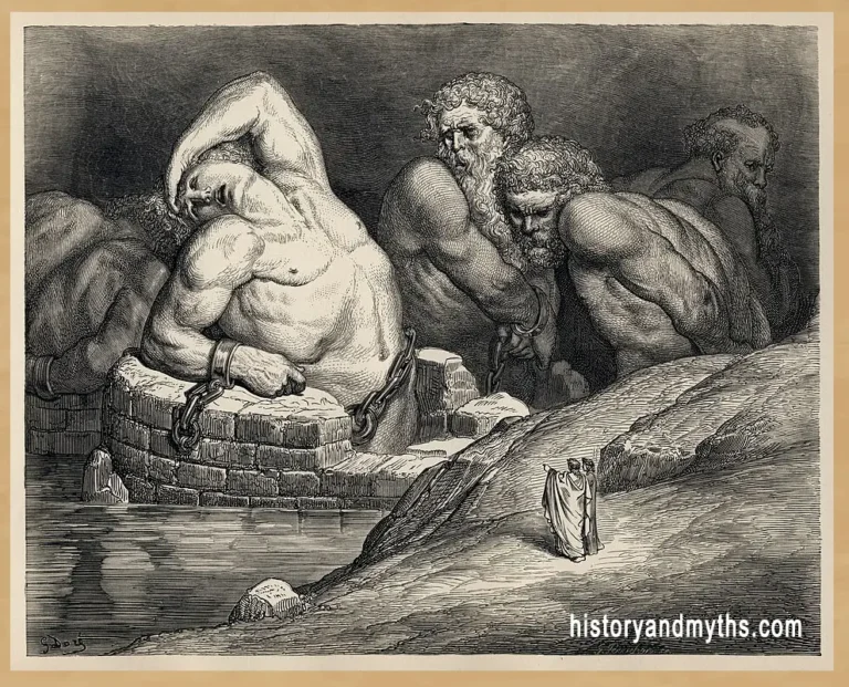 Gustave Doré’s 1857 illustration of imprisoned Titans and giants in a vast abyss from Dante’s Inferno